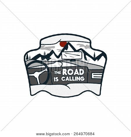 Wanderlust Logo Emblem. Road Trip Badge. Vintage Hand Drawn Travel Patch Design. Features Mountains 