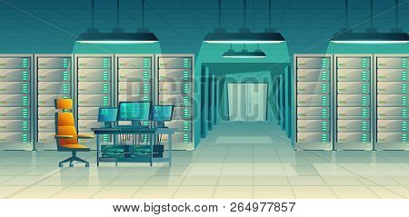 Set Of Cartoon Control Room With Server Racks, Table. Database, Data Center For Hosting, Networking.