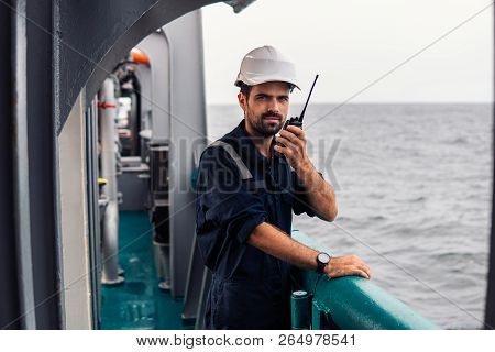 Marine Deck Officer Or Chief Mate On Deck Of Vessel Or Ship
