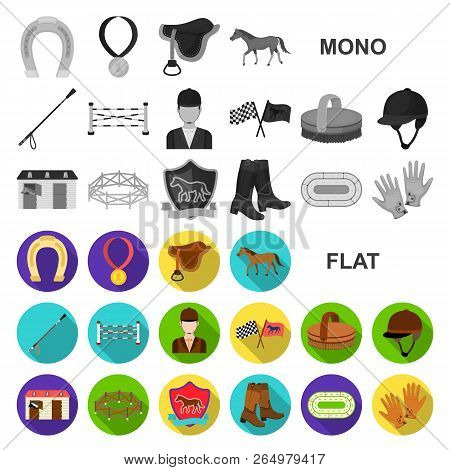 Hippodrome And Horse Flat Icons In Set Collection For Design. Horse Racing And Equipment Vector Symb