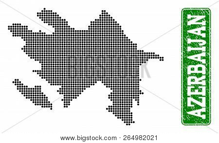 Dotted Map Of Azerbaijan And Rubber Caption. Vector Green Title Inside Rounded Rectangle And Unclean