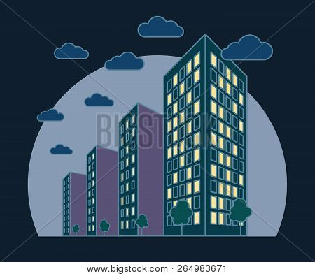 City Landscape View At Night, High Buildings With Lights In Windows, Clouds, Trees, Modern Residenti