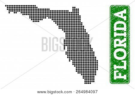 Dotted Map Of Florida State And Rubber Caption. Vector Green Title Inside Rounded Rectangle And Scra