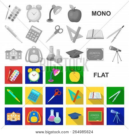School And Education Flat Icons In Set Collection For Design.college, Equipment And Accessories Vect