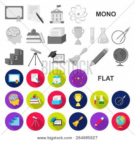 School And Education Flat Icons In Set Collection For Design.college, Equipment And Accessories Vect