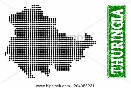 Dotted Map Of Thuringia State And Rubber Caption. Vector Green Title Inside Rounded Rectangle And Gr