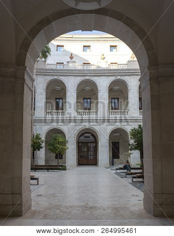 Malaga, Spain - September 23th, 2018: Palacio De La Aduana Central Porticoed Patio, Malaga, Spain
