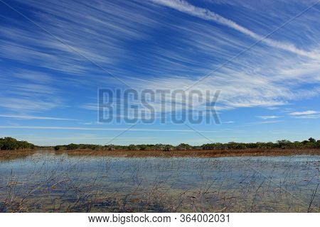 Feathery High Altitude Cloudscape Over Nine Mile Pond In Everglades National Park, Florida On Sunny 