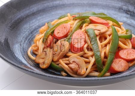 Close Up Of Japanese Naporitan Spaghetti With Tomato Sauce In A Dish