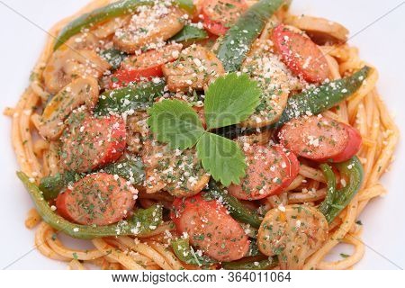 Close Up Of Japanese Naporitan Spaghetti With Tomato Sauce In A Dish