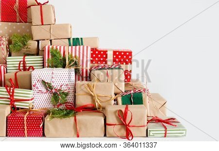 Lots Of Christmas Gift Boxes. White Background.