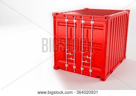 A High Quality Image Of A Red 10ft Shipping Container On A White Background. Ten Foot Sea Shipping C