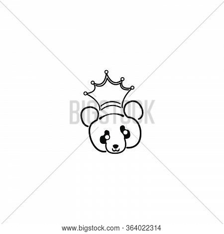 King Panda With Crown Logo. Simple Mascot Animal With Line Art