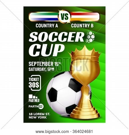 Soccer Sportive Champion Cup Booklet Poster Vector. Soccer Ball And Golden World Cup For Winner Cham