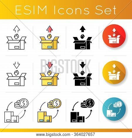 International Trade, Customs Taxes Icons Set. Export And Import Tariffs, Payments Balance, Country E