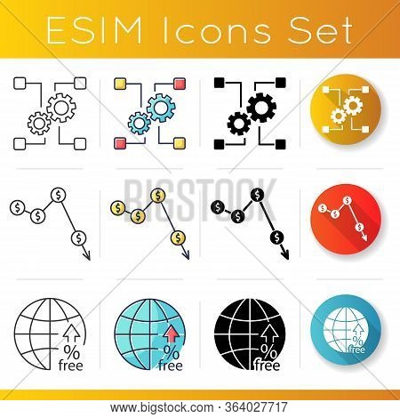 Global Trade, Outsorting And Crysis Icons Set. Non-tariff Barriers And Manufacture. Business Fail An