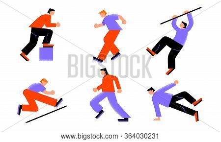 People Sportsmen Competing In Athletics And Pole Vaulting Vector Illustration