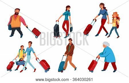 Set Of People Travelling With Backpacks And Suitcases Vector Illustration
