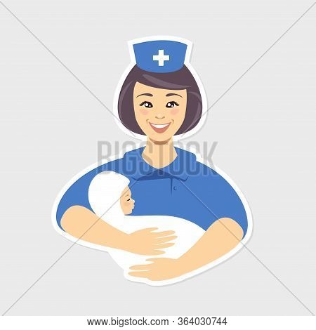Smiling Midwife Holding Newborn. Vector Flat Illustration