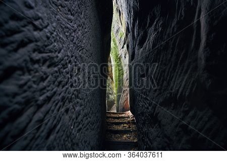 Narrow Path In The Middle Rock Formations. Hruba Skala In Bohemian Paradise, Czech Republic