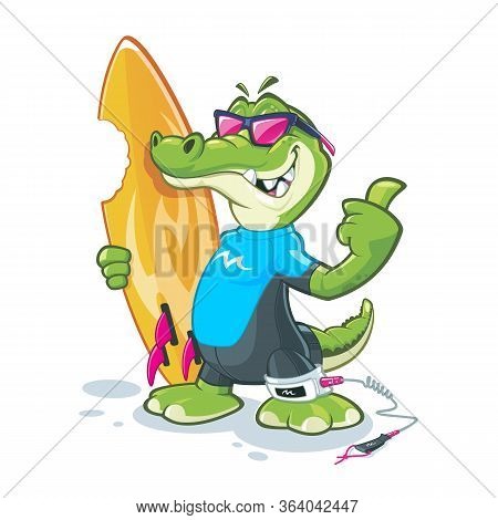 Alligator With Big Smile Cartoon Mascot With Surfboard