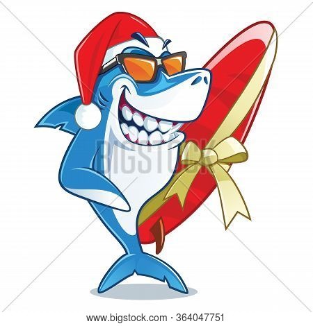 Smiling Shark With Santa Hat Vector Cartoon Character Holding Wrapped With A Ribbon Surfboard