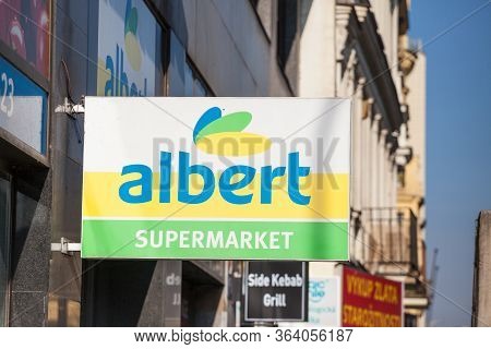 Prague, Czechia - October 31, 2019: Albert Supermarket Logo In Front Of Their Local Store In Prague.