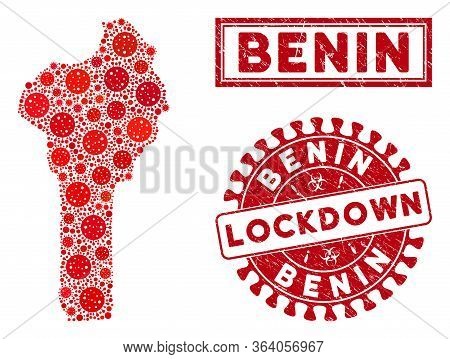 Flu Virus Mosaic Benin Map And Stamps. Red Round Lockdown Distress Seal Stamp. Vector Coronavirus Vi