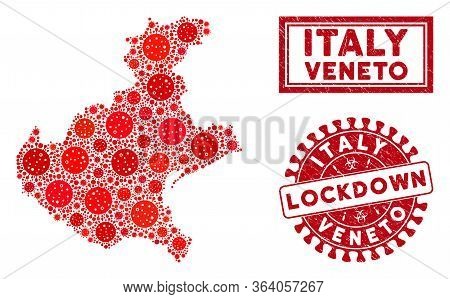 Covid-2019 Virus Mosaic Veneto Region Map And Seal Stamps. Red Round Lockdown Textured Watermark. Ve