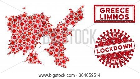 Coronavirus Collage Limnos Greek Island Map And Watermarks. Red Rounded Lockdown Textured Seal. Vect
