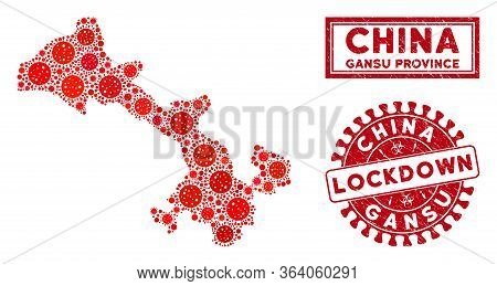 Flu Virus Collage Gansu Province Map And Rubber Prints. Red Rounded Lockdown Scratched Seal Stamp. V