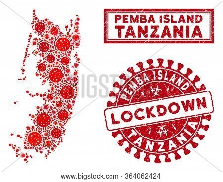 Covid-2019 Virus Mosaic Pemba Island Map And Rubber Prints. Red Rounded Lockdown Grunge Watermark. V