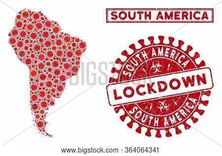 Flu Virus Mosaic South America Map And Stamps. Red Round Lockdown Distress Watermark. Vector Coronav