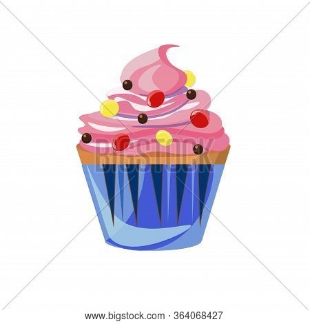 Cartoon Cupcake Decorated With Bright Jelly Beans And Chocolate Crisps. Pink Cream. Vector Illustrat