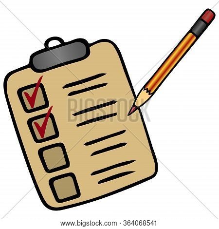 Action plan point by point. Voting bulletin. Taking a survey or test. Check the box with a pencil. Vector illustration. Isolated white background. Cartoon style. Work online in quarantine. Form to fill. Perform a task. Official letterhead. Illustration fo