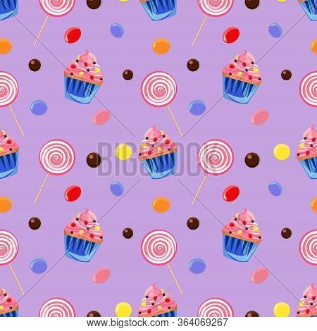 Seamless Pattern With Sweets Including Lollipops, Jelly Beans And Cupcakes On Light Violet Backgroun
