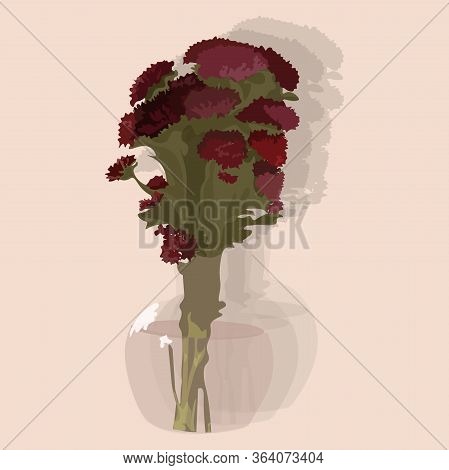 Vector Bouquet Of Dark Pink Flowers In Vase With Shadow On Nude Background
