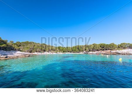 Panoramic View Of The Famous Beach Cala Turqueta.  Menorca, Balearic Islands, Spain