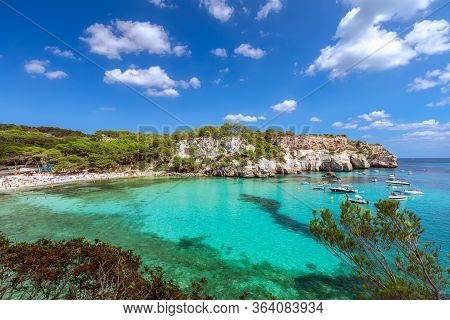 Panoramic View Of The Most Beautiful Beach Cala Macarella Of Menorca Island, Balearic Islands, Spain