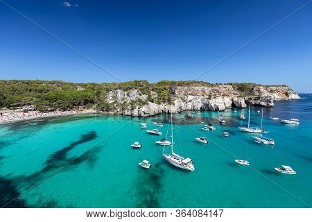 Panoramic View Of The Most Beautiful Beach Cala Macarella Of Menorca Island, Balearic Islands, Spain