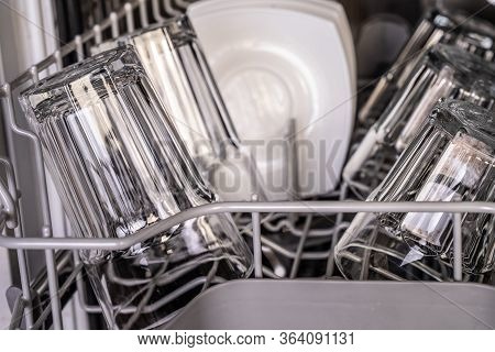 Clean Transparetn Glass In Dishwasher. Dishwasher Inside.