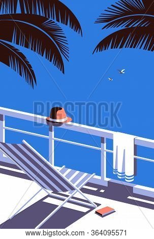 Summer Seaside Flat Color Vector. Blue Ocean Scenic View Poster. Hand Drawn Pop Art Retro Style. Hol