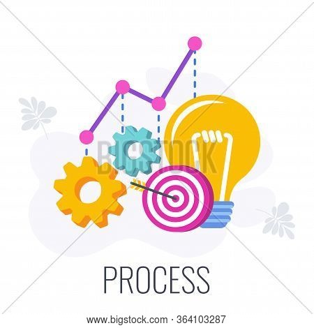 Process Infographics Flat Vector Pictogram. Graph, Target, Lamp And Gears. 7 Ps Marketing Mix. Flat 