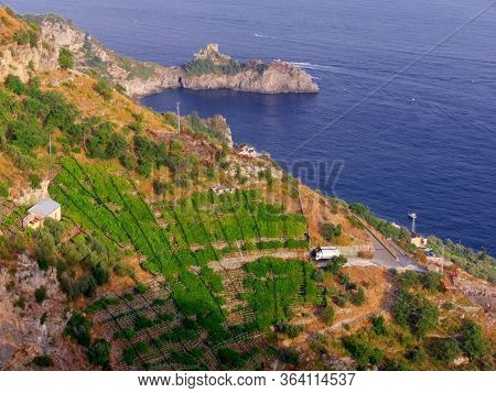 Amalfi Coast with agricultural terraces, on background the blue sea of Conca Cape with Saracena tower in Campania