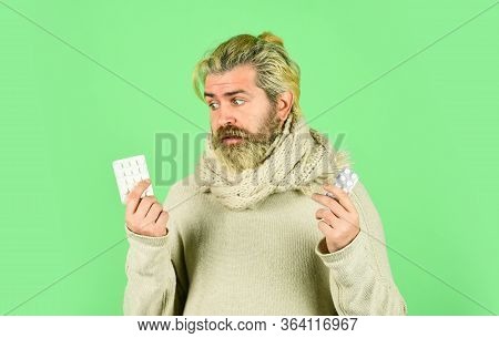 Sick Man With Vitamin Pill. Healthcare And Health Aid. Vitamin In Tablets. Coronavirus From China. M