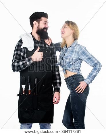 Backyard Barbecue Party. Couple In Love Getting Ready For Barbecue. Picnic And Barbecue. Man Bearded