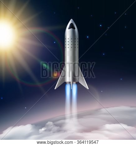 Rocket Launch Composition Realistic With View Of Stratosphere With Sun Stars And Futuristic Flying R