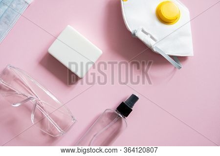 Medical Protective Mask, Respirator Ffp, Soap, Rubber Gloves, Antiseptic And Protective Glasses Lie 