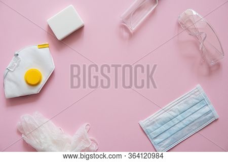 Medical Protective Mask, Respirator Ffp, Soap, Rubber Gloves, Antiseptic And Protective Glasses Lie 