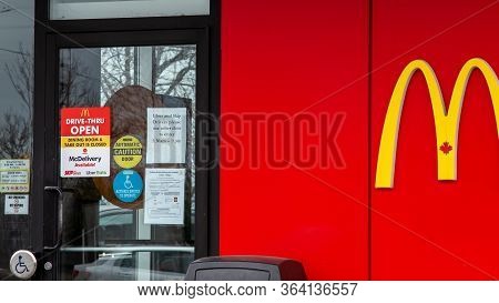 Ottawa, Ontario, Canada - May 1, 2020: Signs At A Barrhaven Mcdonald's Location Indicate Available D